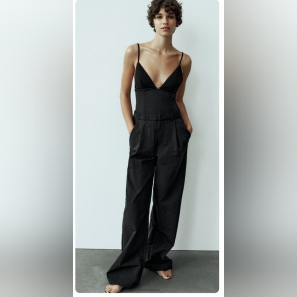 Zara, NWT, Combination Jumpsuit, Black, Front Pockets, Women's Sz XS, L- 50 Inch